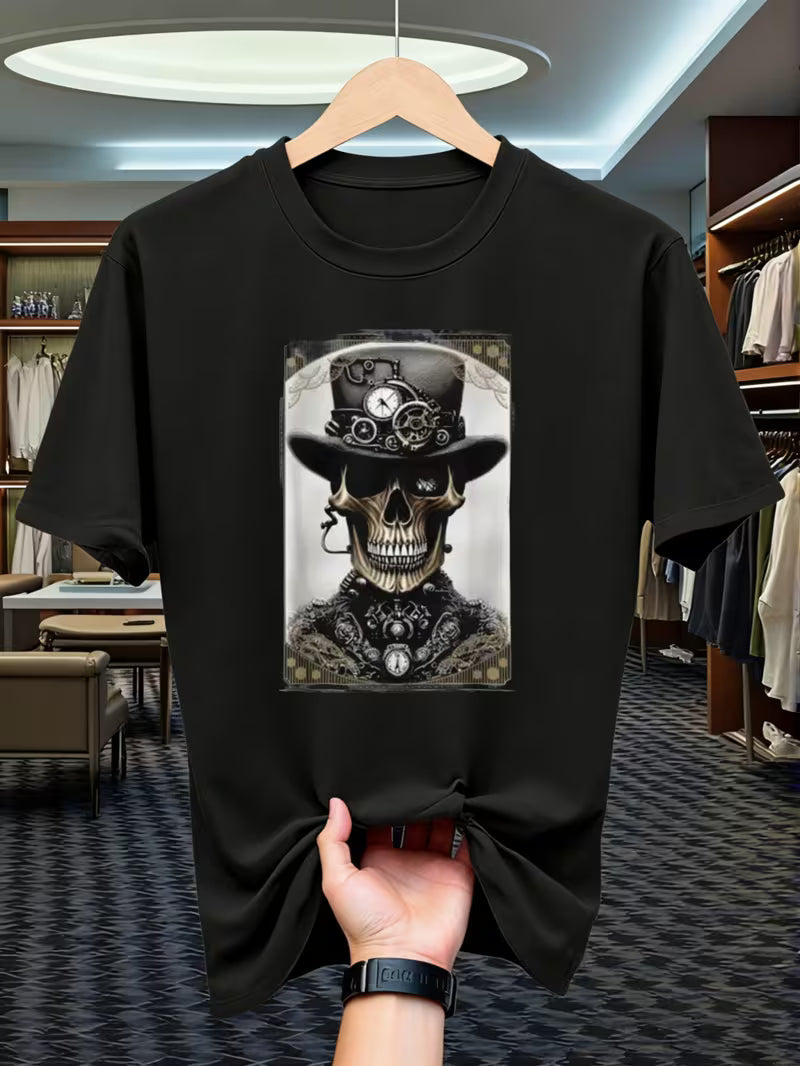 Steampunk - Férfi Steampunk Góthikus Póló - 100% Pamut Viktóriánus ihletésű Csontváz és Fogaskerekek Mintás