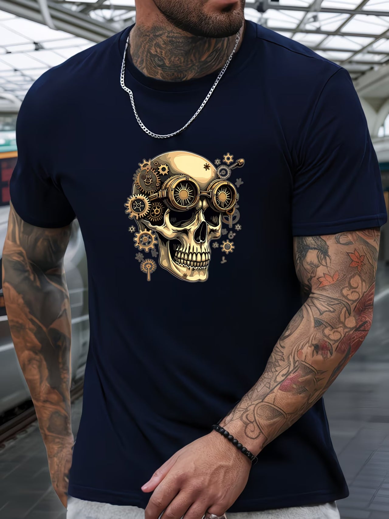 Steampunk - Fehér Férfi Fogaskerék-szemüveg Koponya Nyári Laza Környakú Rövidujjú Póló