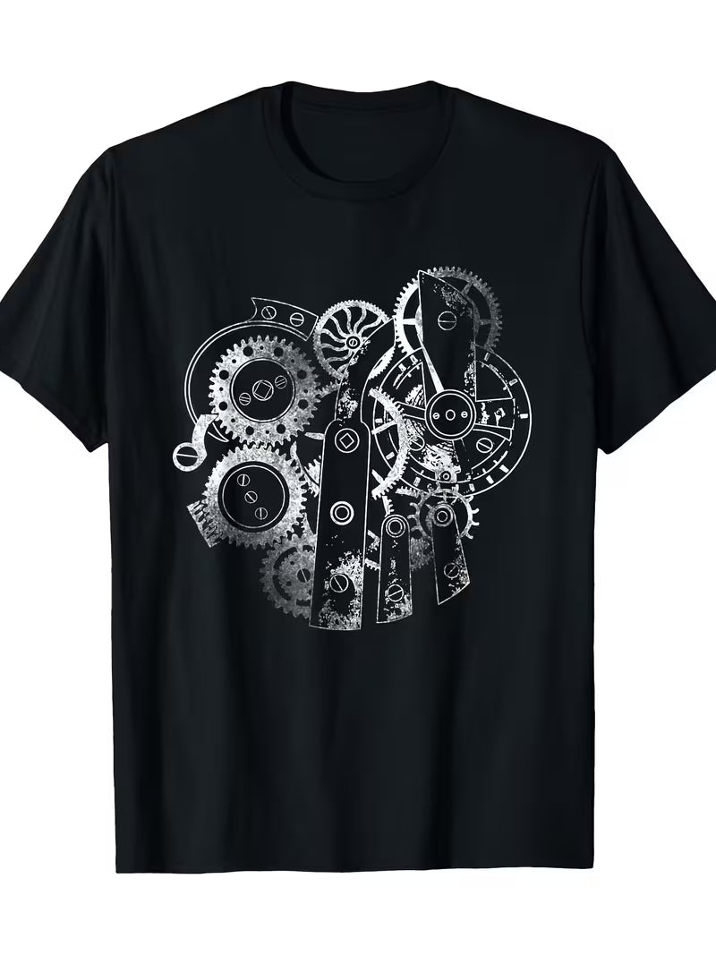 Steampunk - Férfi Vintage Póló Fehér Fogaskerekekkel és Zsebnyomattal