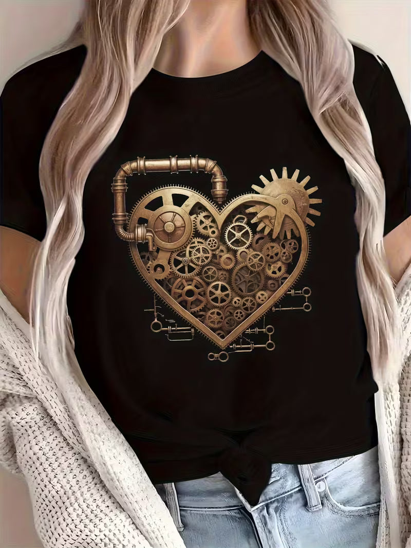 Steampunk - Női póló mechanikus szív művészeti mintával