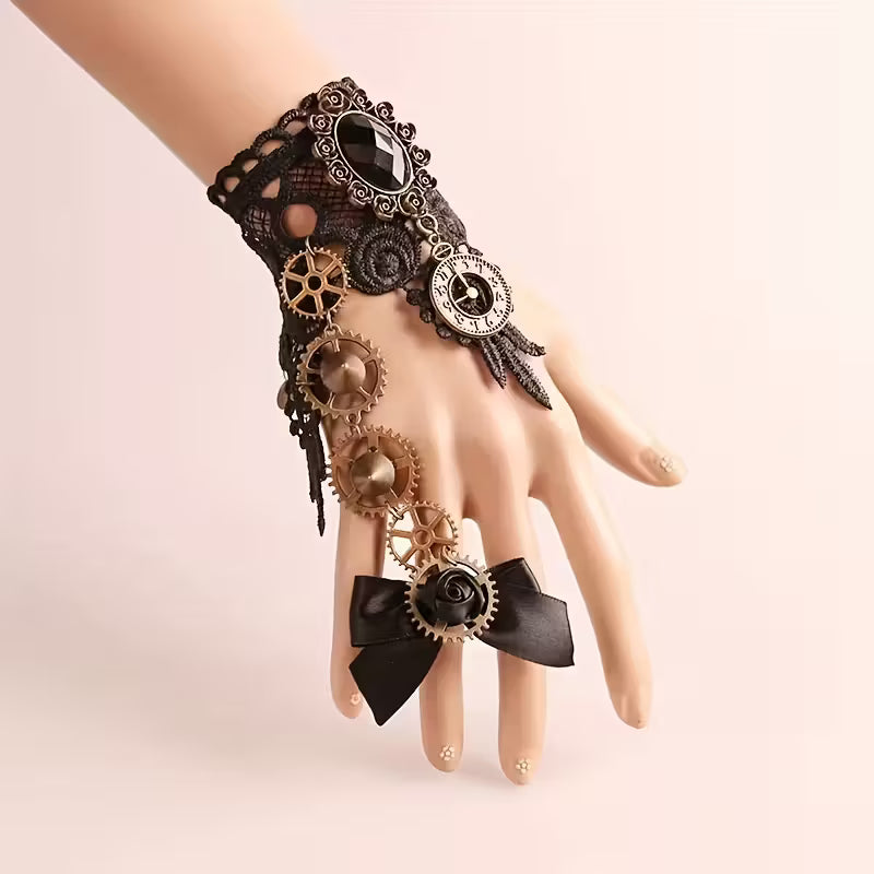 Steampunk - karkötő és gyűrű szett, fogaskerékbe integrált lánc
