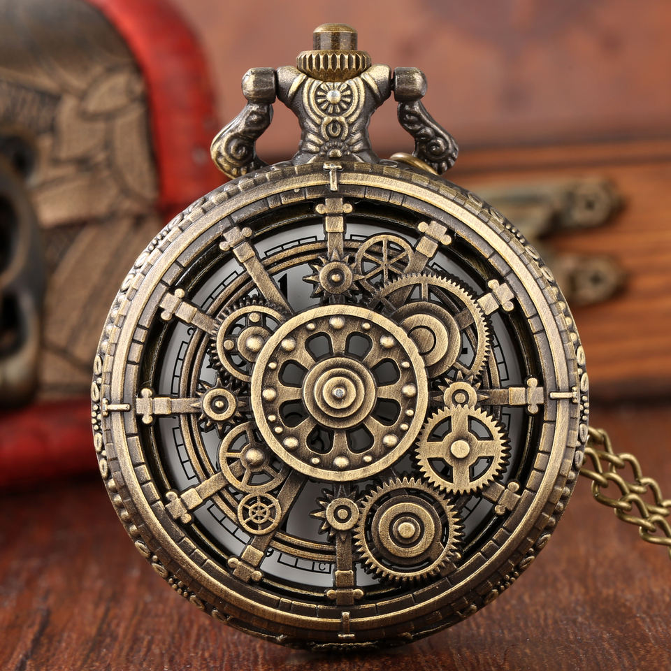 Steampunk - Üreges fogaskerekes zsebóra, lánccal, bronz