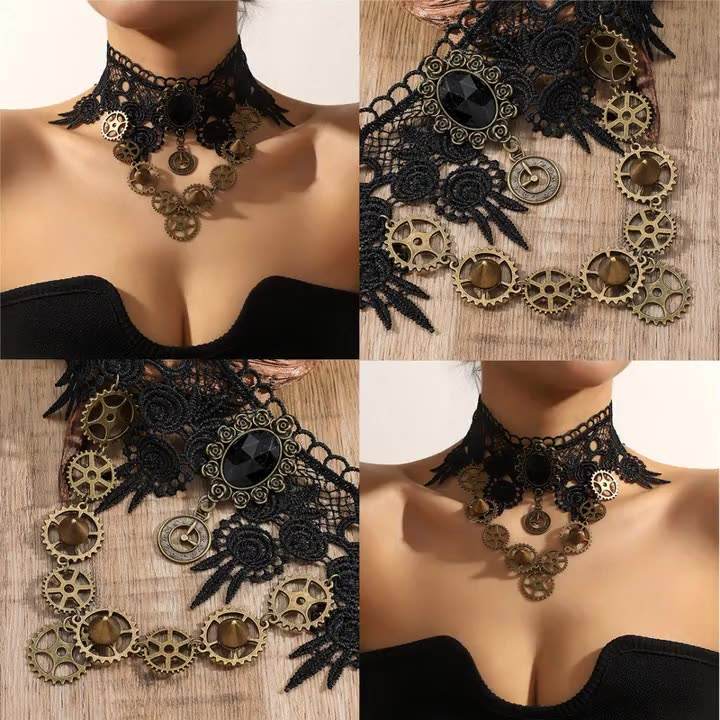 Steampunk - Csipkés fogaskerék choker nyaklánc, gótikus
