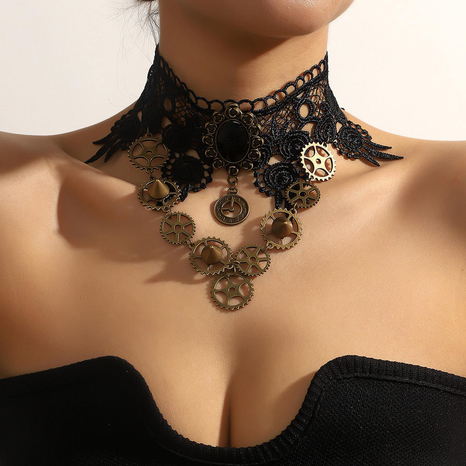 Steampunk - Csipkés fogaskerék choker nyaklánc, gótikus