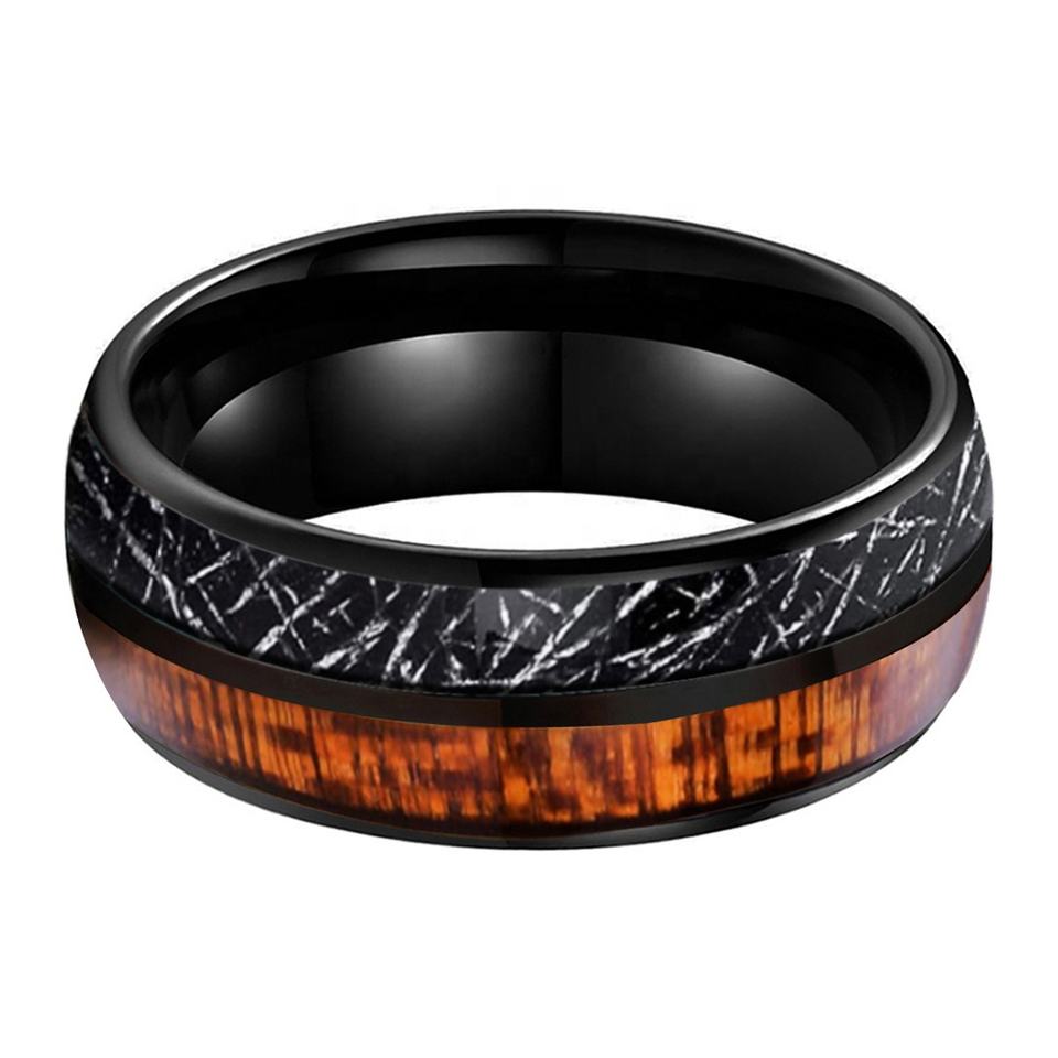 Steampunk Meteor – Meteor és fabetétes, tungsten gyűrű, 9.5 - ös méret, fekete, fa