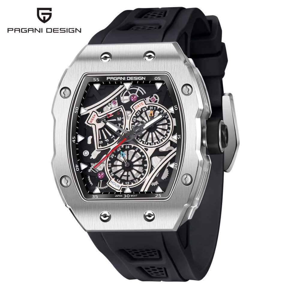 Steampunk - Pagani Design, Rejoles Hombre, 24 órás óra, ezüst/fekete