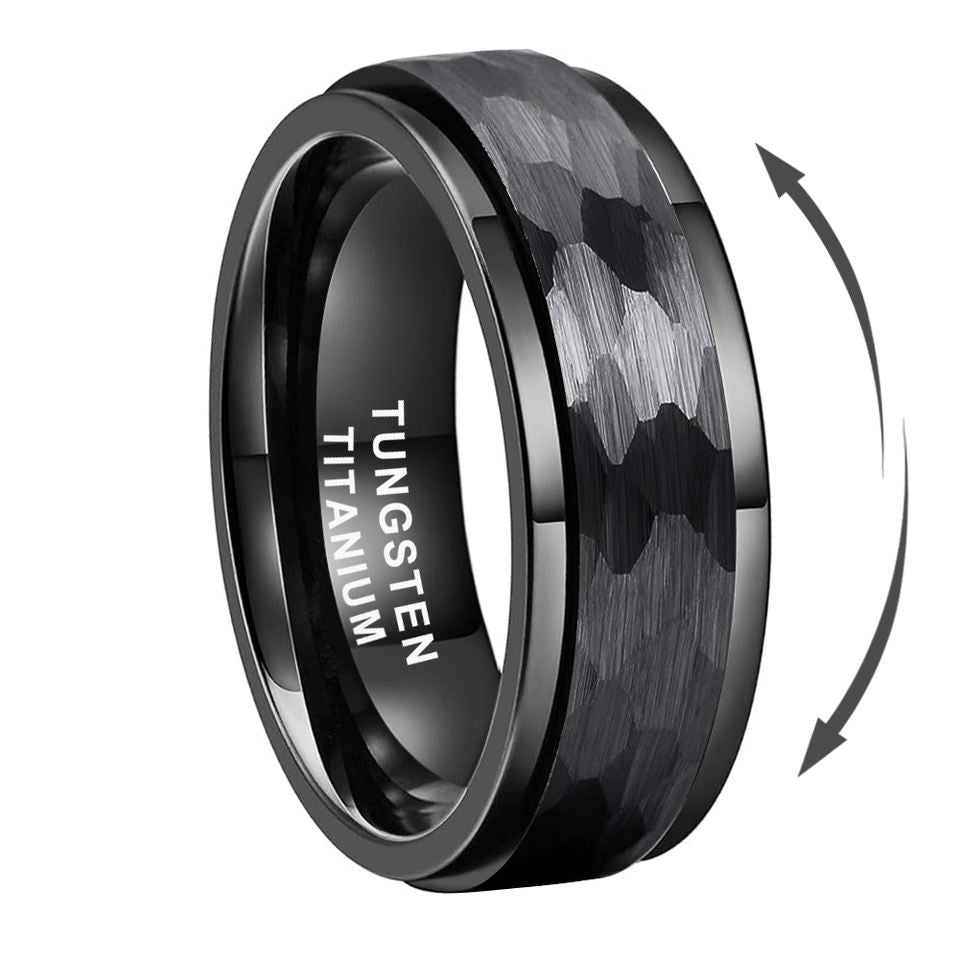 Steampunk - Hammered, tungsten fidget gyűrű, 8mm, fekete, 9-es