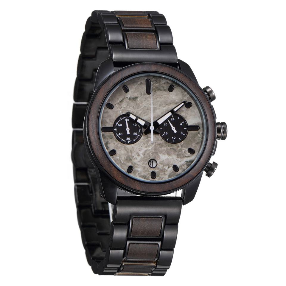 Steampunk - Luxury Wood óra, sport kronográf, kvarc, fa, fekete
