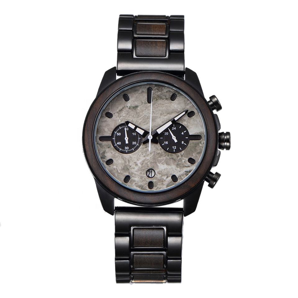 Steampunk - Luxury Wood óra, sport kronográf, kvarc, fa, fekete