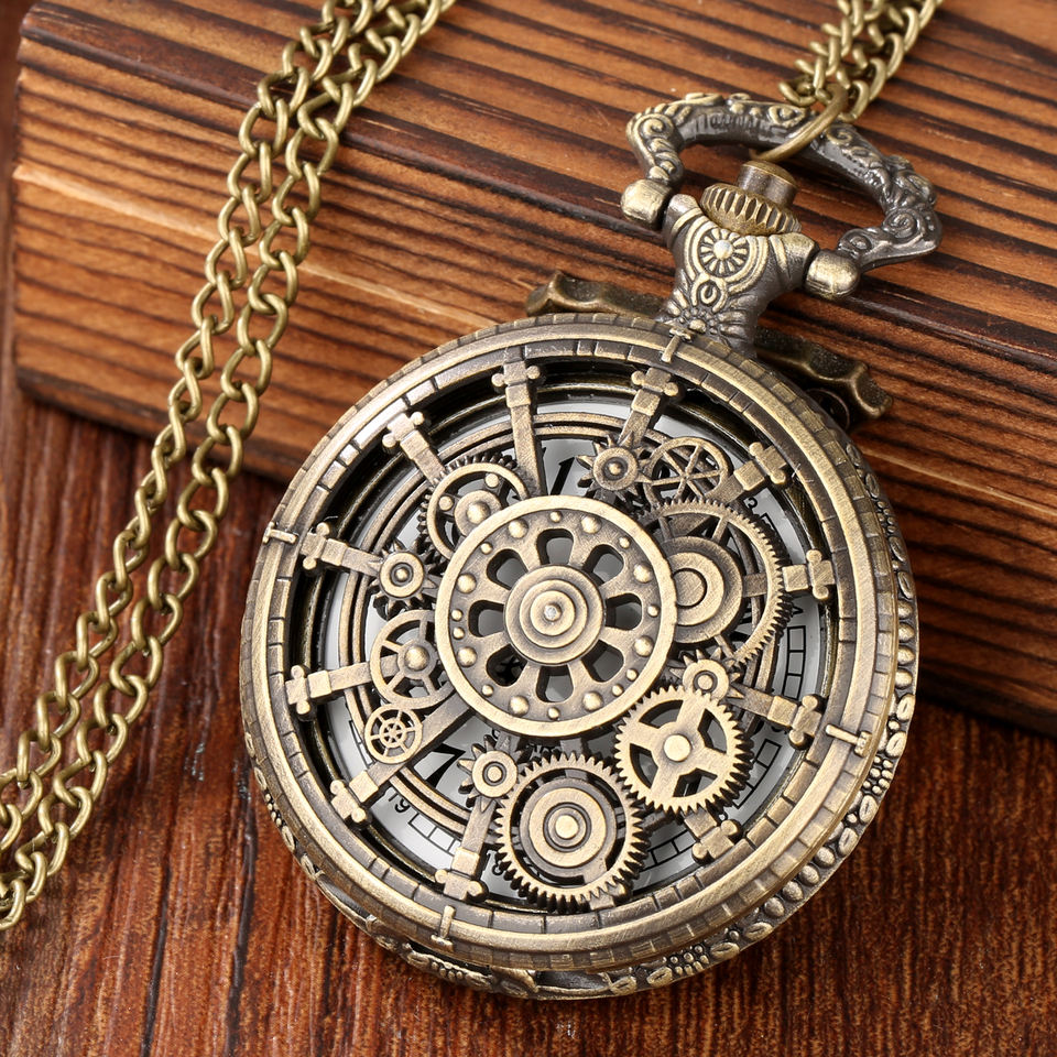Steampunk - Üreges fogaskerekes zsebóra, lánccal, bronz