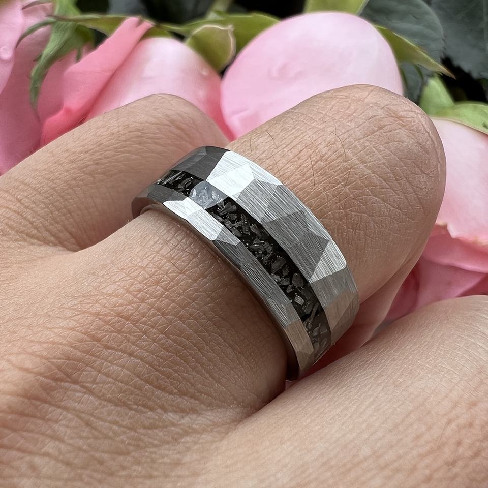 Steampunk Hammered – Meteorbetétes, tungsten gyűrű, 10 - es méret, ezüst