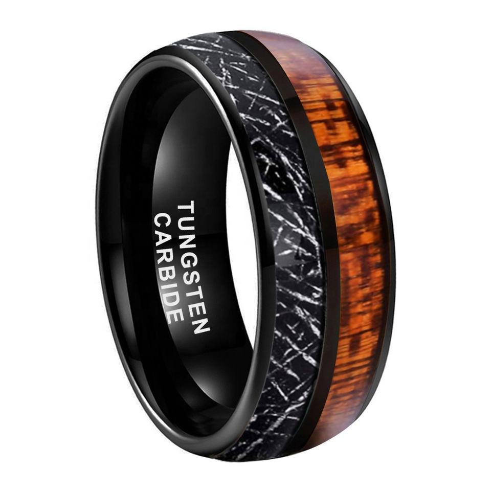 Steampunk Meteor – Meteor és fabetétes, tungsten gyűrű, 9.5 - ös méret, fekete, fa