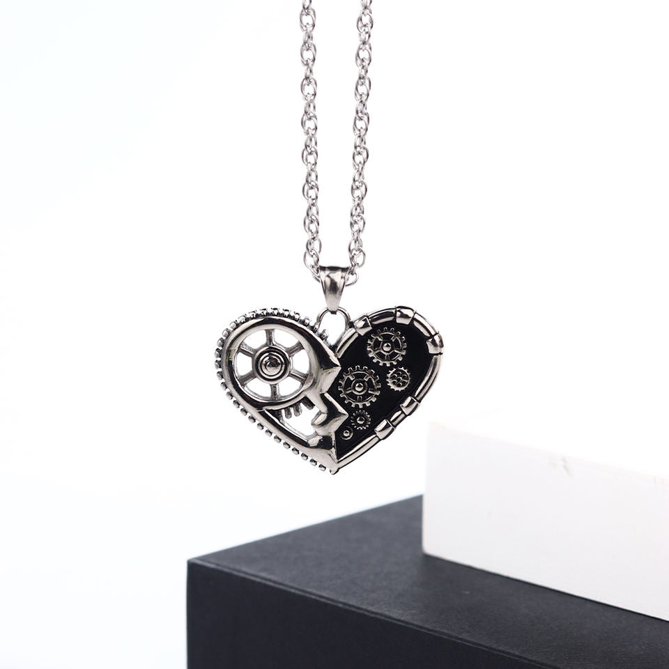 Steampunk - Fogaskerekes szív medál pendant, rozsdamentes acél, ezüst