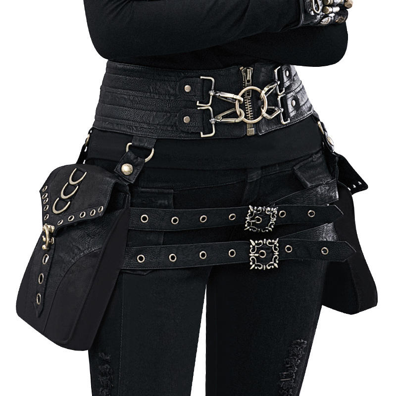 Steampunk - Keresztes corset derékzsák, bőr, fekete