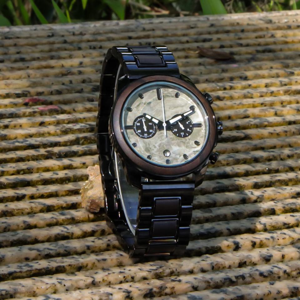Steampunk - Luxury Wood óra, sport kronográf, kvarc, fa, fekete