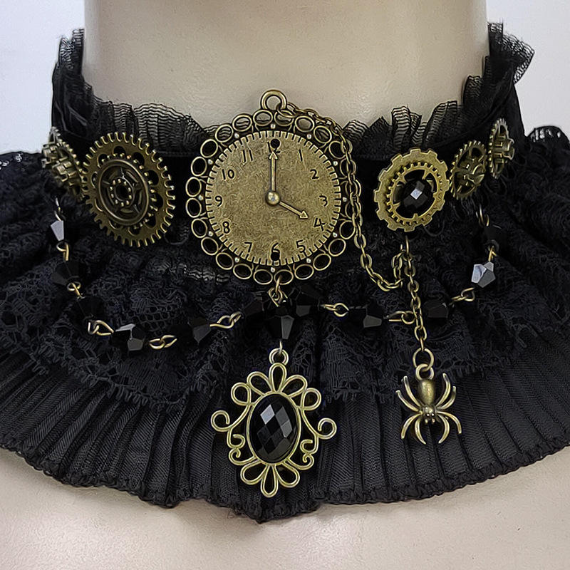 Steampunk - Gótikus, viktoriánus csipkés fogaskerék nyaklánc, choker