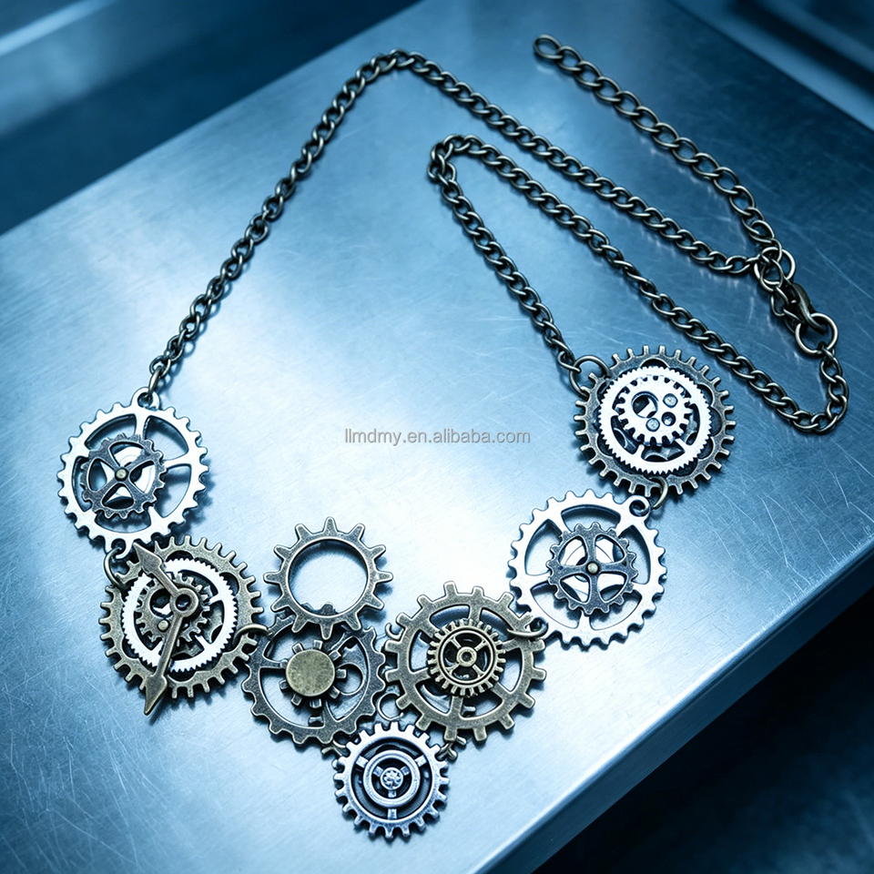 Steampunk - fogaskerekes nagy, réz-ezüst hosszú nyaklánc, ~75cm