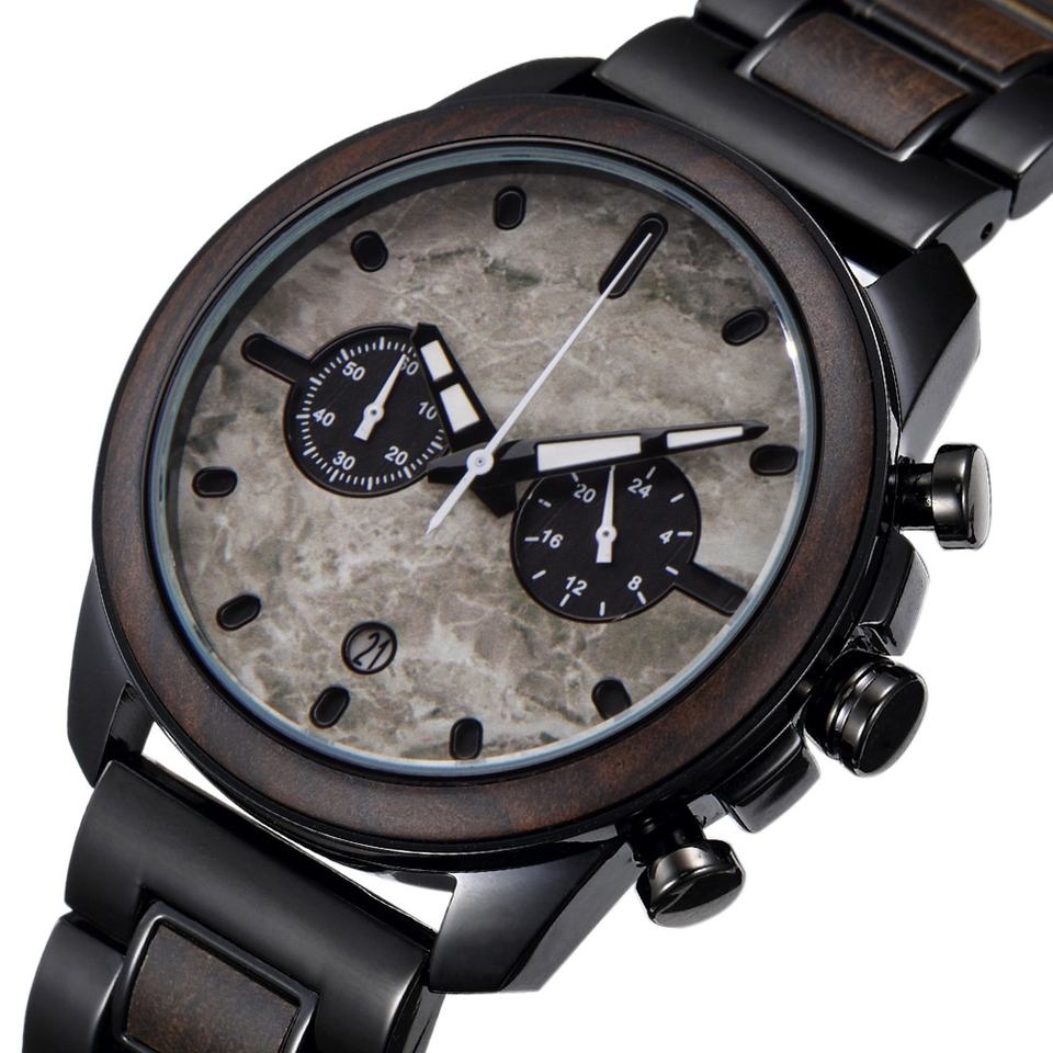 Steampunk - Luxury Wood óra, sport kronográf, kvarc, fa, fekete
