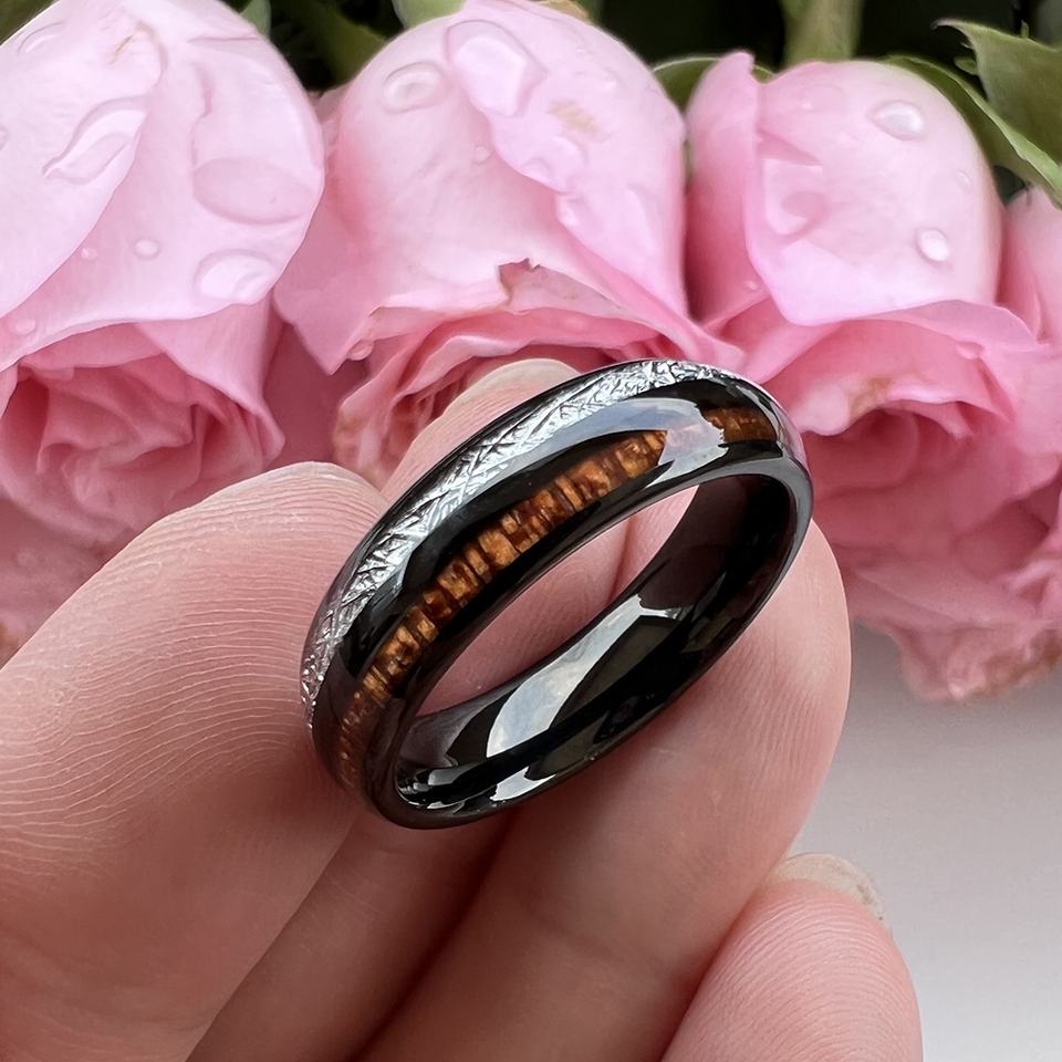 Steampunk Meteor – Meteor és fabetétes, tungsten gyűrű, 9.5 - ös méret, fekete, fa