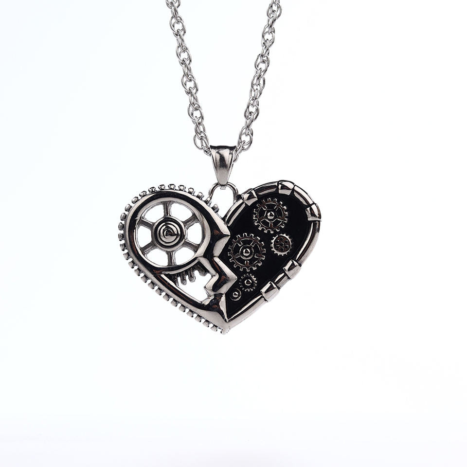 Steampunk - Fogaskerekes szív medál pendant, rozsdamentes acél, ezüst