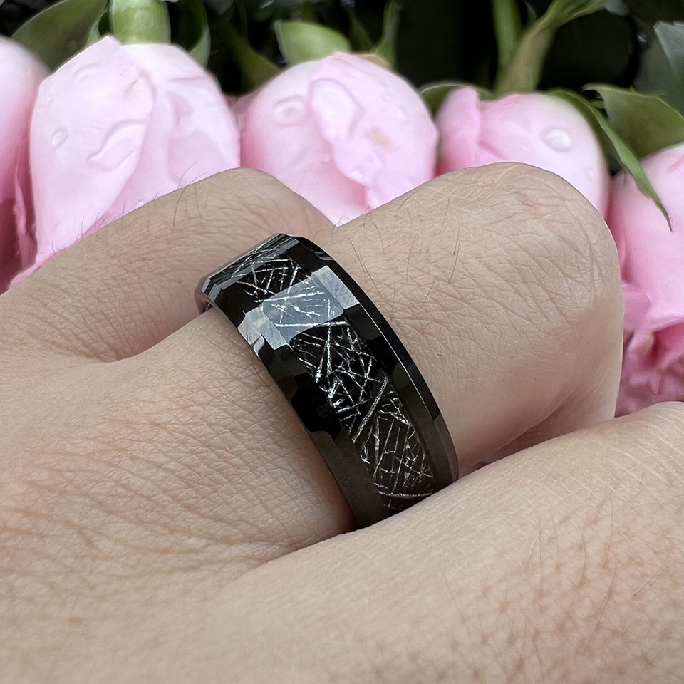 Steampunk Meteor – Meteorbetétes, tungsten gyűrű, 9.5 - ös méret, fekete