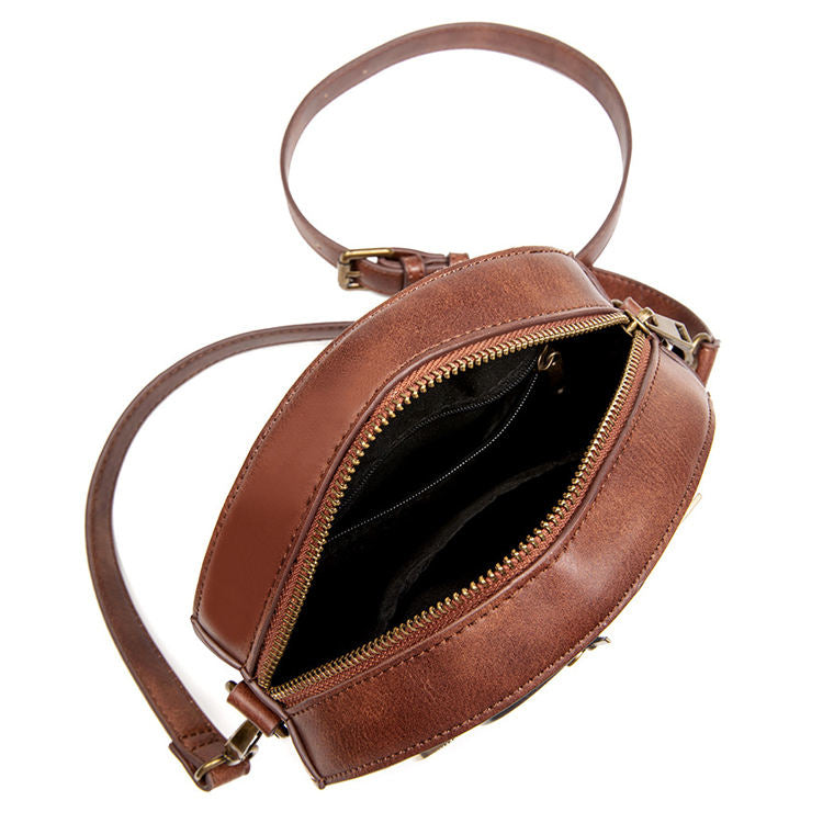 Steampunk - Crossbody táska, vegánbőr, cipzáras, kerek, fekete