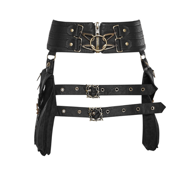Steampunk - Keresztes corset derékzsák, bőr, fekete