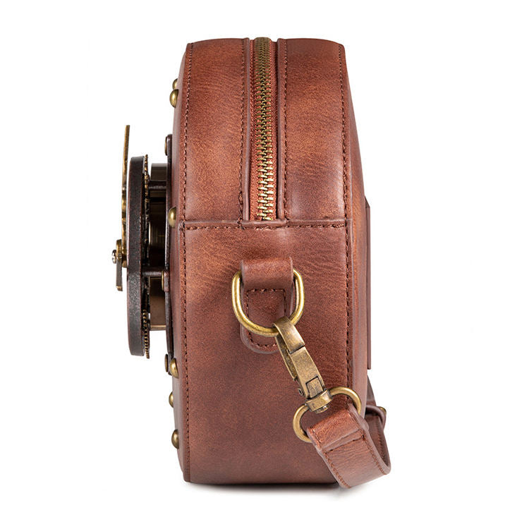 Steampunk - Crossbody táska, vegánbőr, cipzáras, kerek, fekete