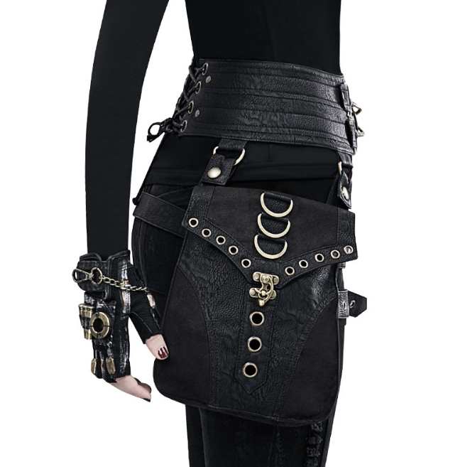 Steampunk - Keresztes corset derékzsák, bőr, fekete