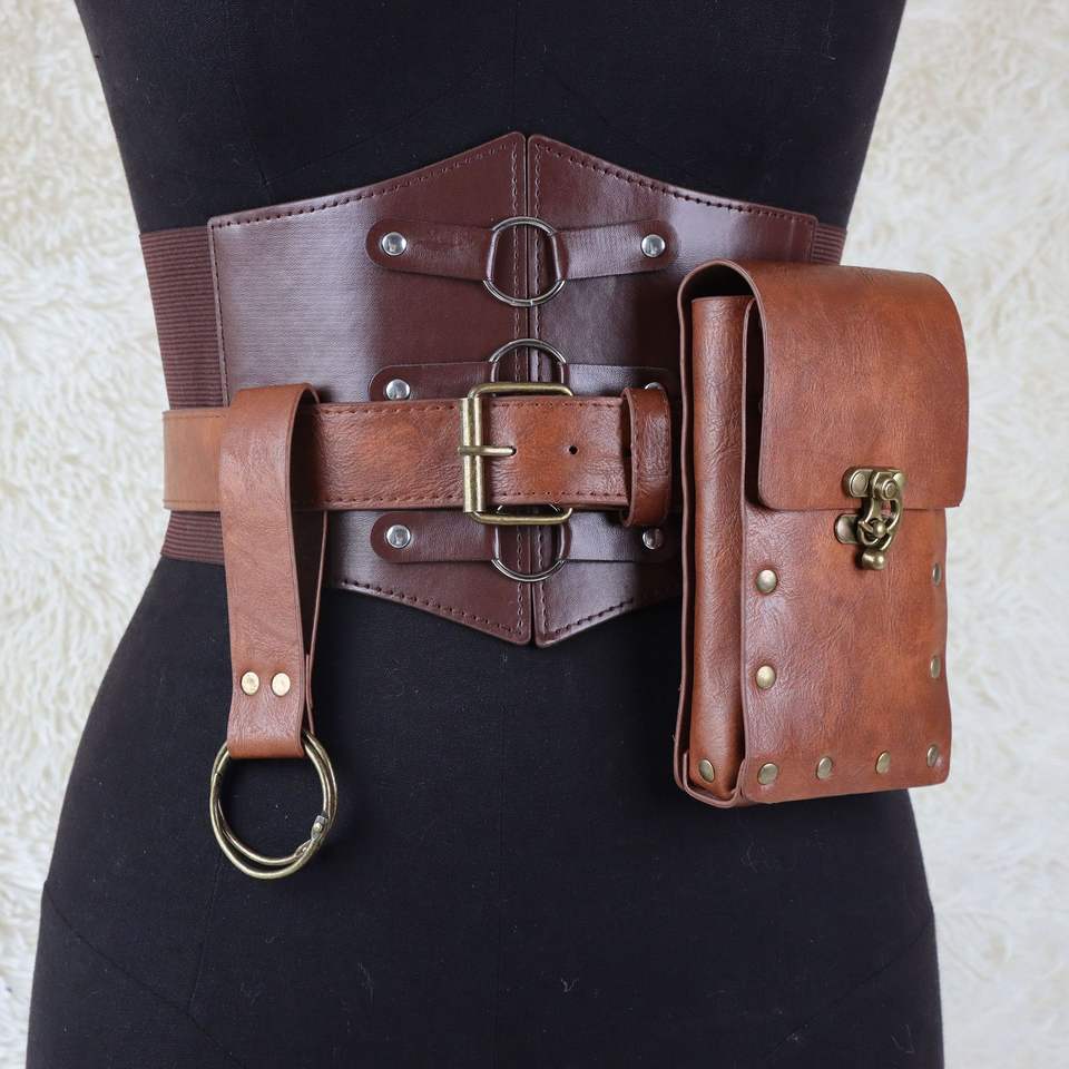 Steampunk - Vegánbőr telefonos övtáska, középkori cosplay, barna
