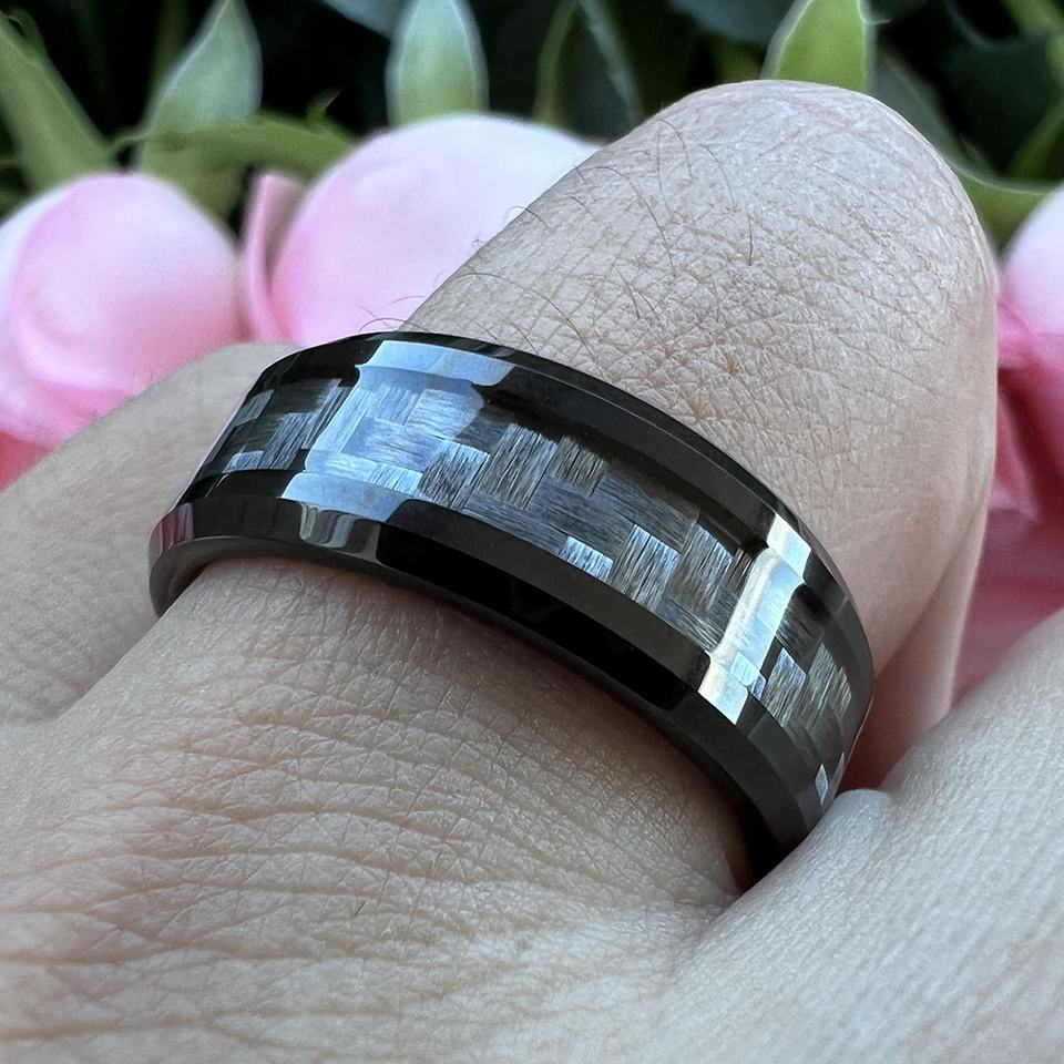 Steampunk Engagement – Karbonbetétes fekete, tungsten gyűrű, 9.5 - ös méret