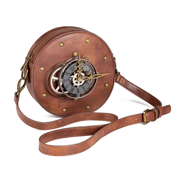 Steampunk - Crossbody táska, vegánbőr, cipzáras, kerek, fekete