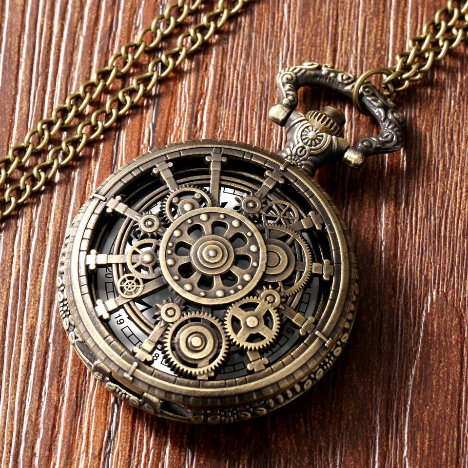 Steampunk - Üreges fogaskerekes zsebóra, lánccal, bronz