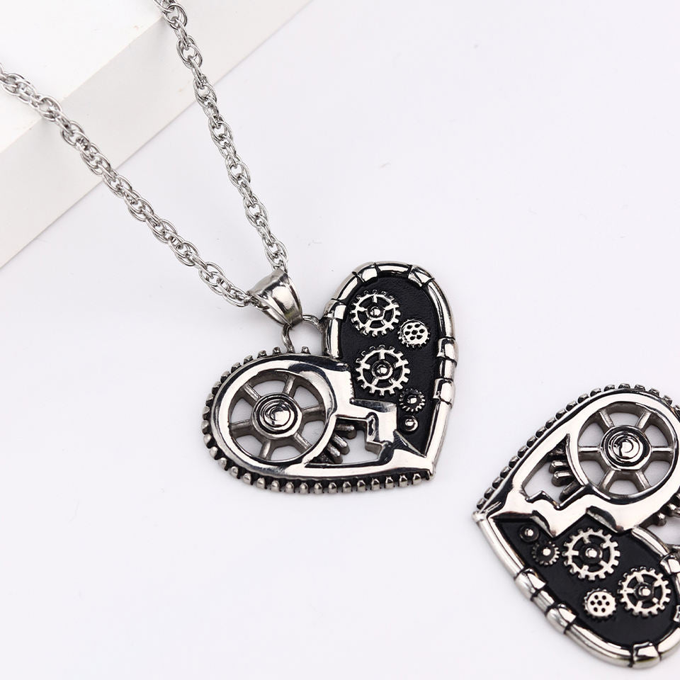 Steampunk - Fogaskerekes szív medál pendant, rozsdamentes acél, ezüst
