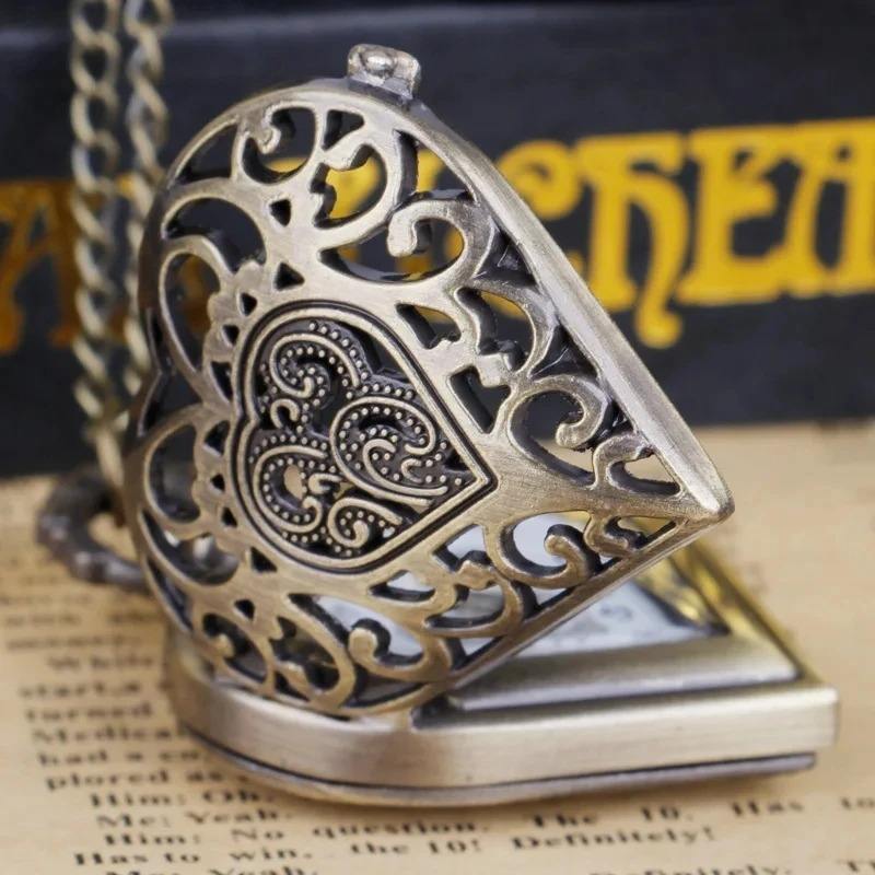 Steampunk - Szív számlapos zsebóra medál, lánccal, bronz