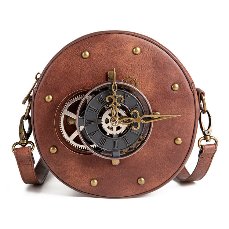 Steampunk - Crossbody táska, vegánbőr, cipzáras, kerek, fekete