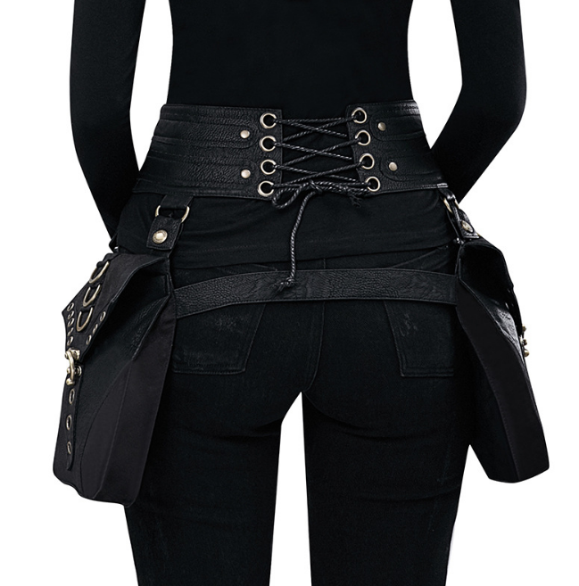 Steampunk - Keresztes corset derékzsák, bőr, fekete