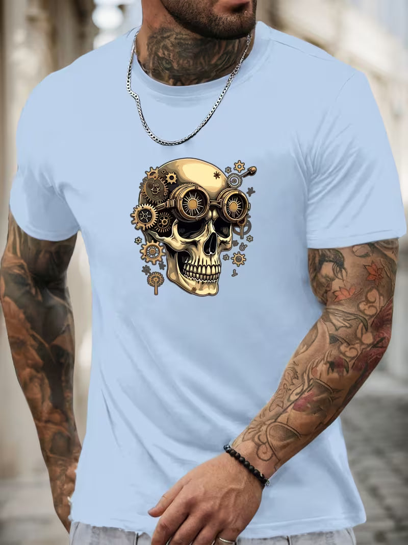 Steampunk - Fehér Férfi Fogaskerék-szemüveg Koponya Nyári Laza Környakú Rövidujjú Póló