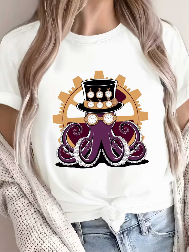 Női Steampunk Polip és Zsebóra Mintás Póló